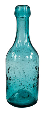 original and intact single antiqie ameircan privy dug c. 1850's deep blue aqua mineral water bottle manufactured for pittsburgh bottler john ogden