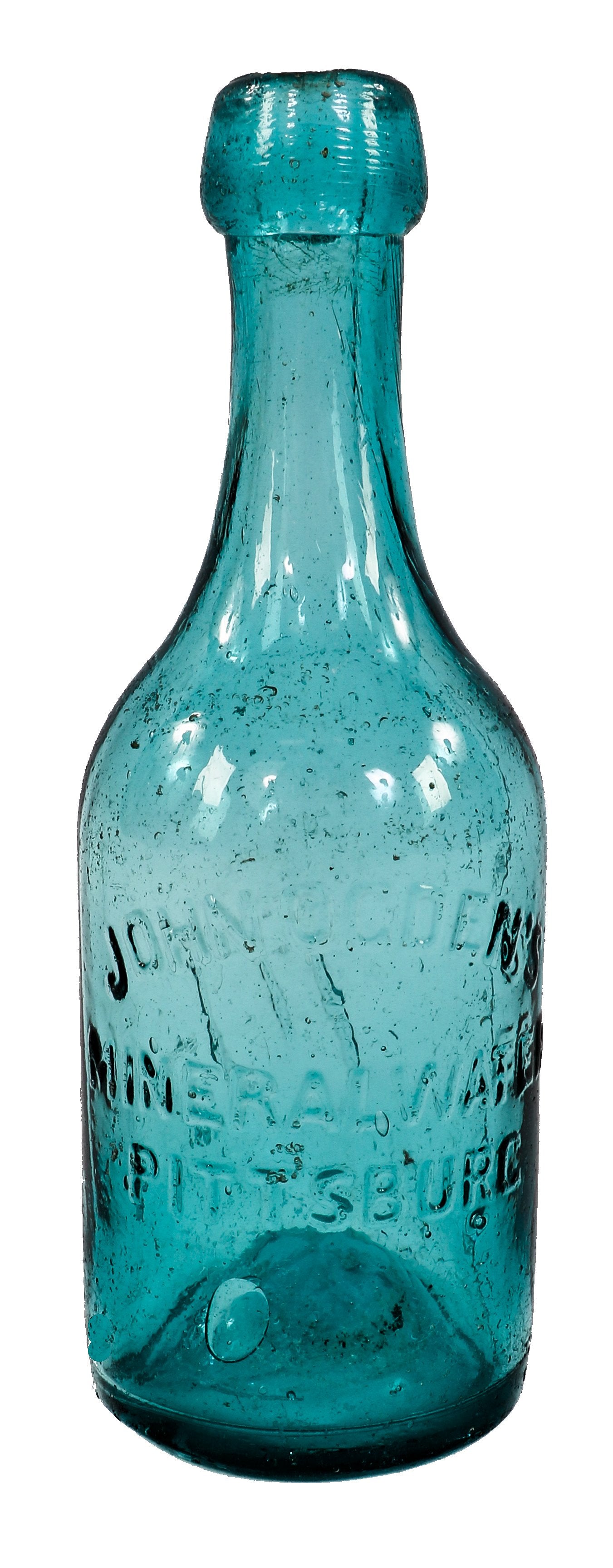 original and intact single antiqie ameircan privy dug c. 1850's deep blue aqua mineral water bottle manufactured for pittsburgh bottler john ogden