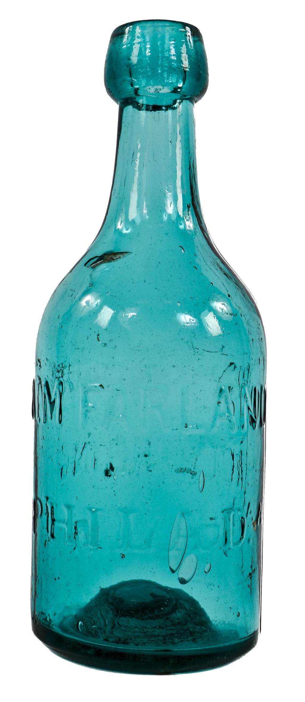 original antique c.1850's iron pontiled deep blue green mineral water bottle manufactured for philadelphia bottler andrew mcfarland.