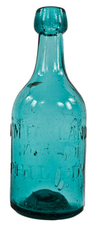 original antique c.1850's iron pontiled deep blue green mineral water bottle manufactured for philadelphia bottler andrew mcfarland.