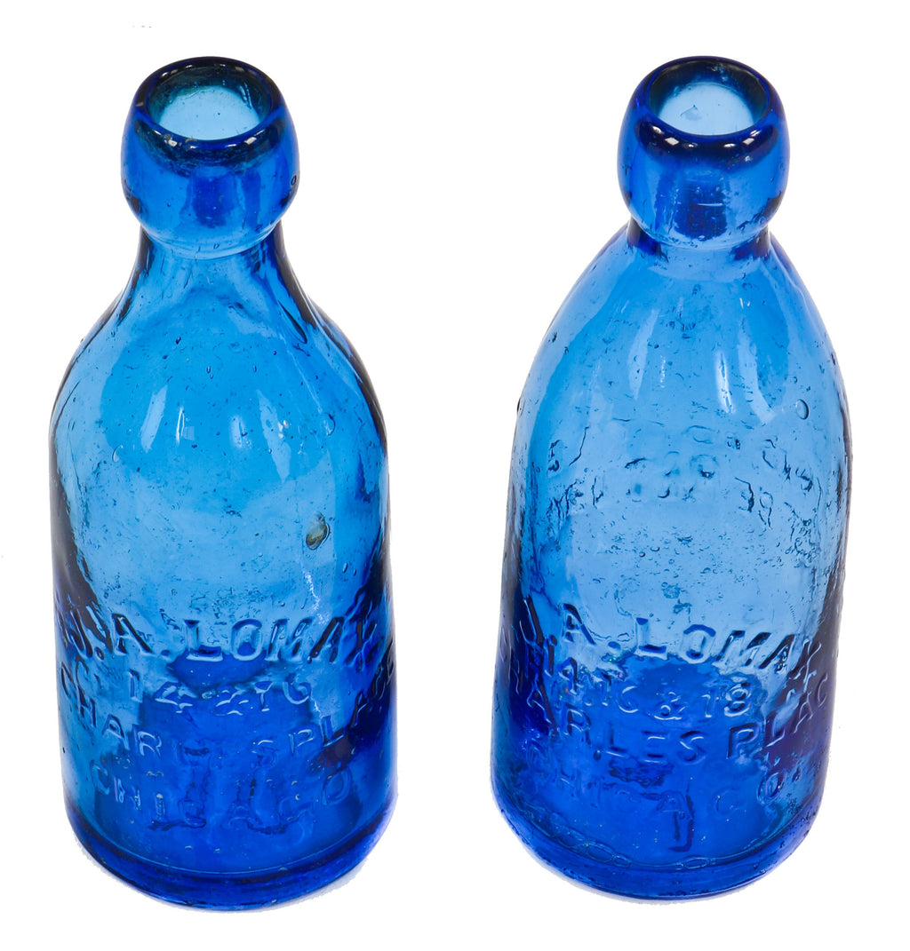 nearly identical of original and intact c. 1870's-1880's cobalt blue squat blobtop soda bottles manufactured for chicago bottler john lomax.