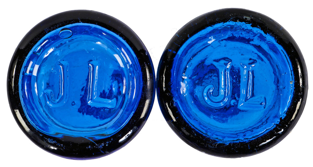 nearly identical of original and intact c. 1870's-1880's cobalt blue squat blobtop soda bottles manufactured for chicago bottler john lomax.