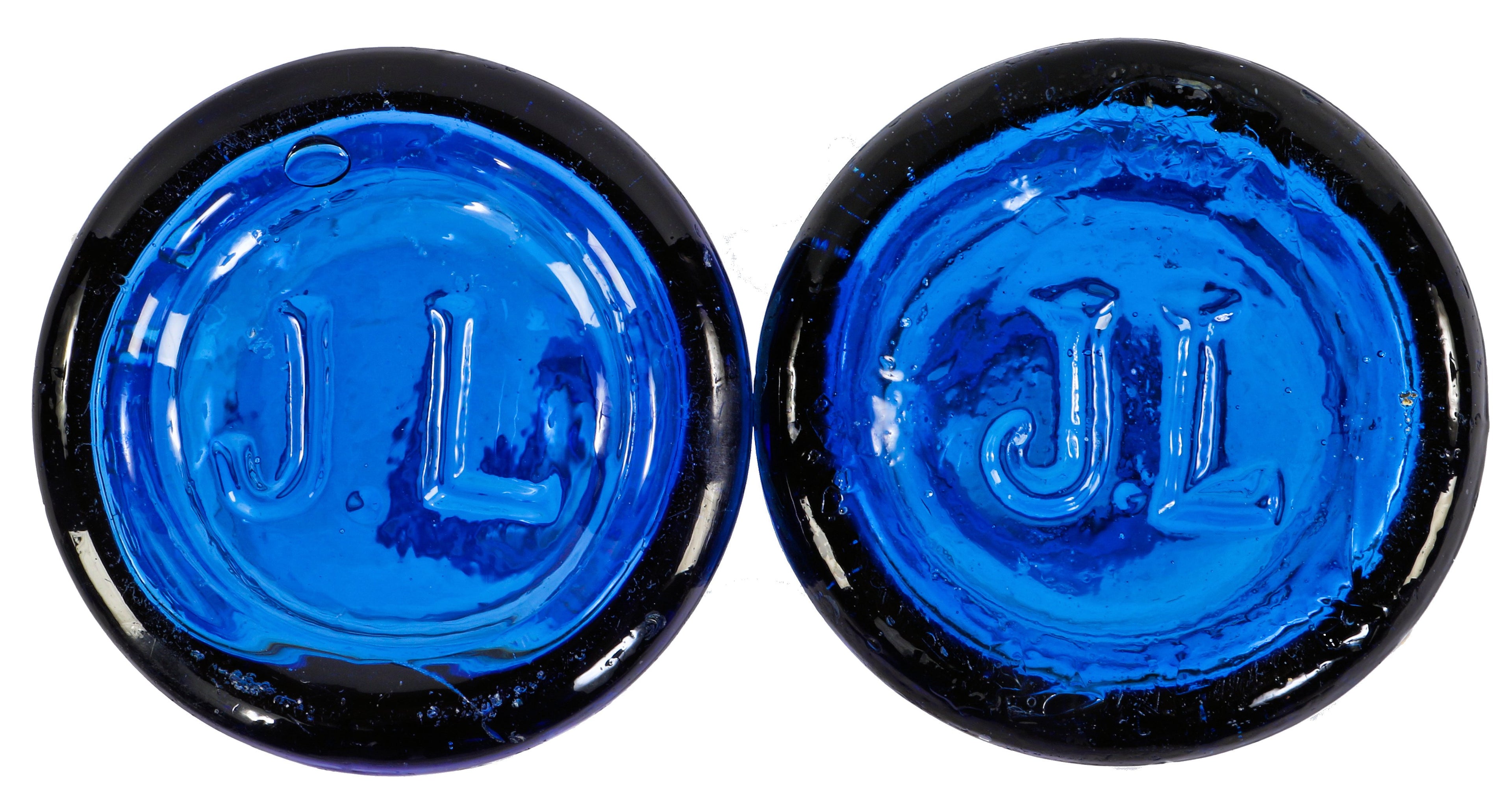 nearly identical of original and intact c. 1870's-1880's cobalt blue squat blobtop soda bottles manufactured for chicago bottler john lomax.