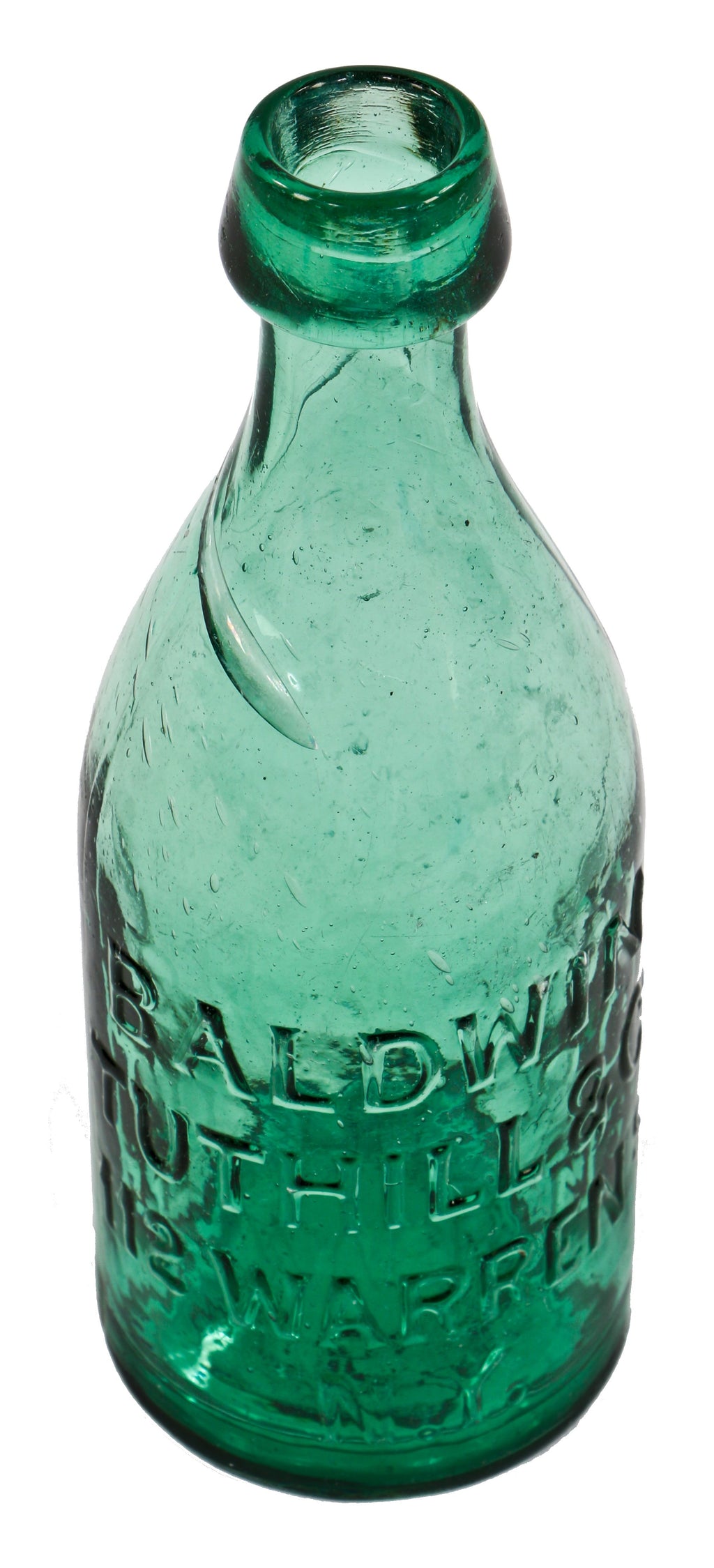 original and intact c. 1850's iron pontiled light to medium green glass soda bottle manufactured for new york bottlers baldwin tuthill & company