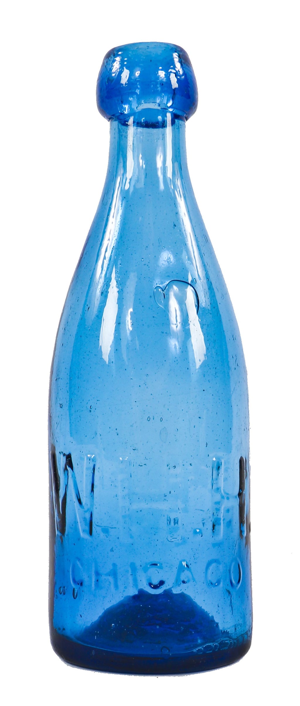 rare and intact c. 1850's iron-pontiled tumbled cobalt blue "w.h.h" blobtop soda bottle manufactured chicago bottler william h. hutchinson