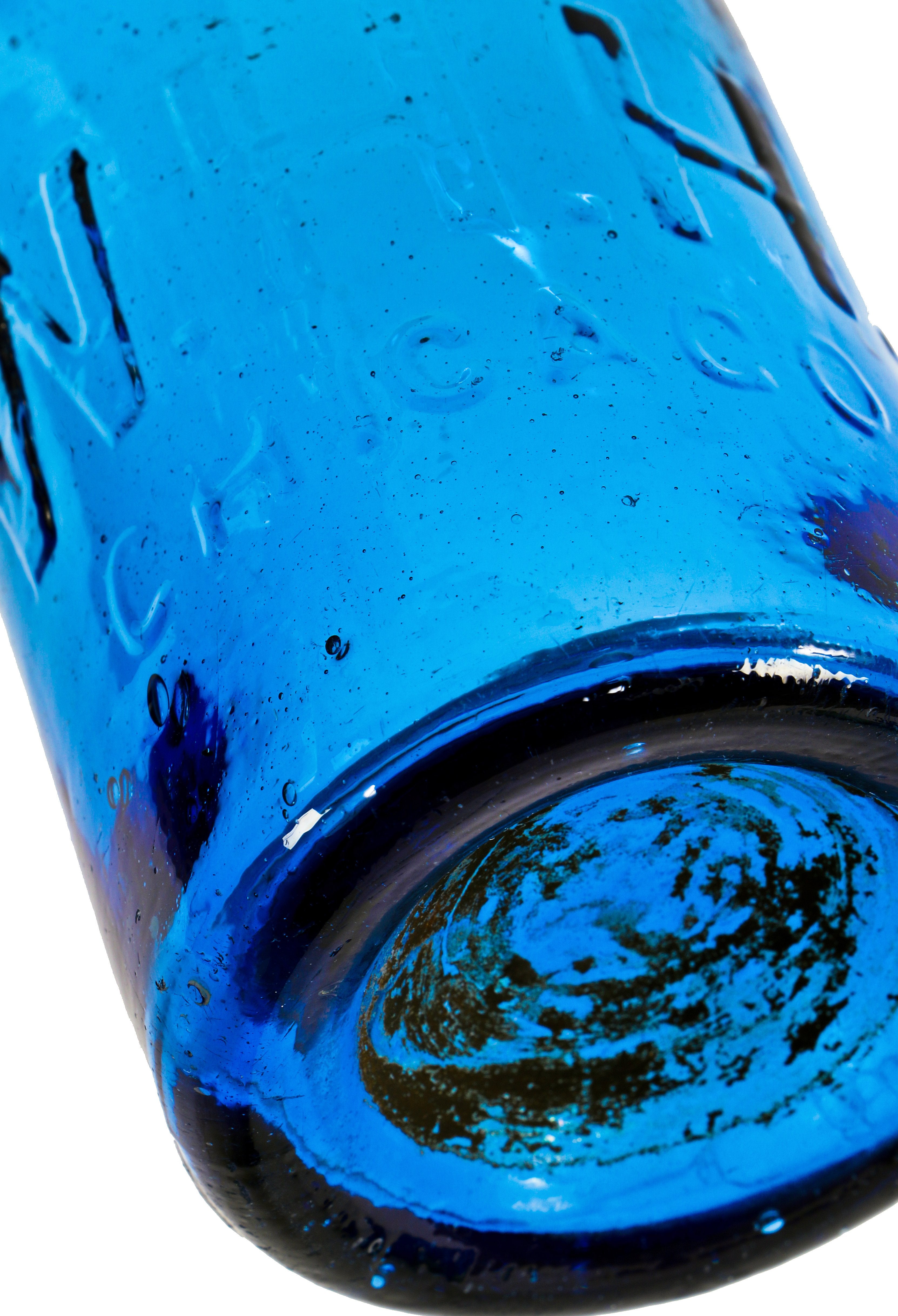 rare and intact c. 1850's iron-pontiled tumbled cobalt blue "w.h.h" blobtop soda bottle manufactured chicago bottler william h. hutchinson
