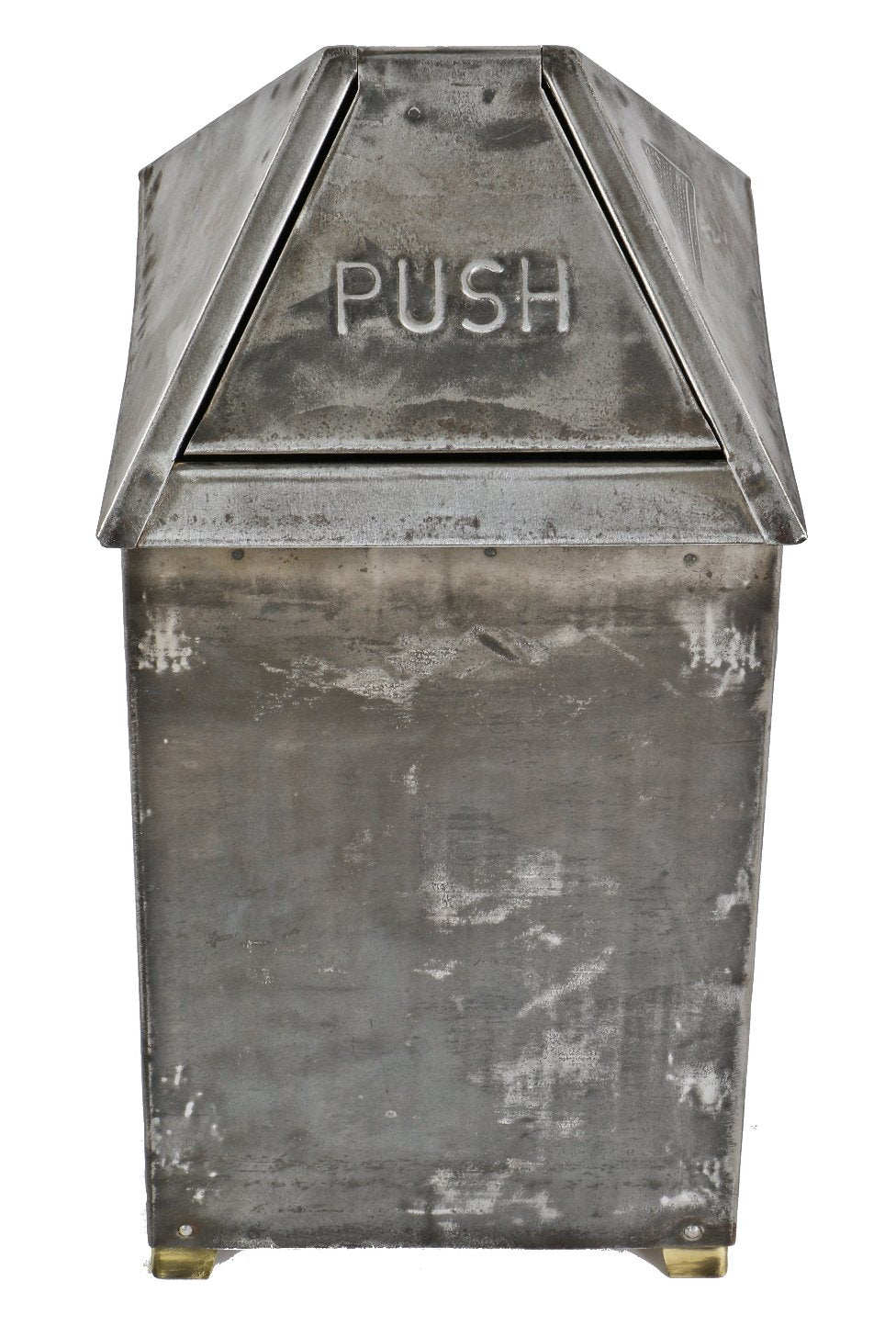 highly sought after depression era antique american industrial stationary diminutive solar-sturges pressed and folded steel refinished trash can with pyramidal top