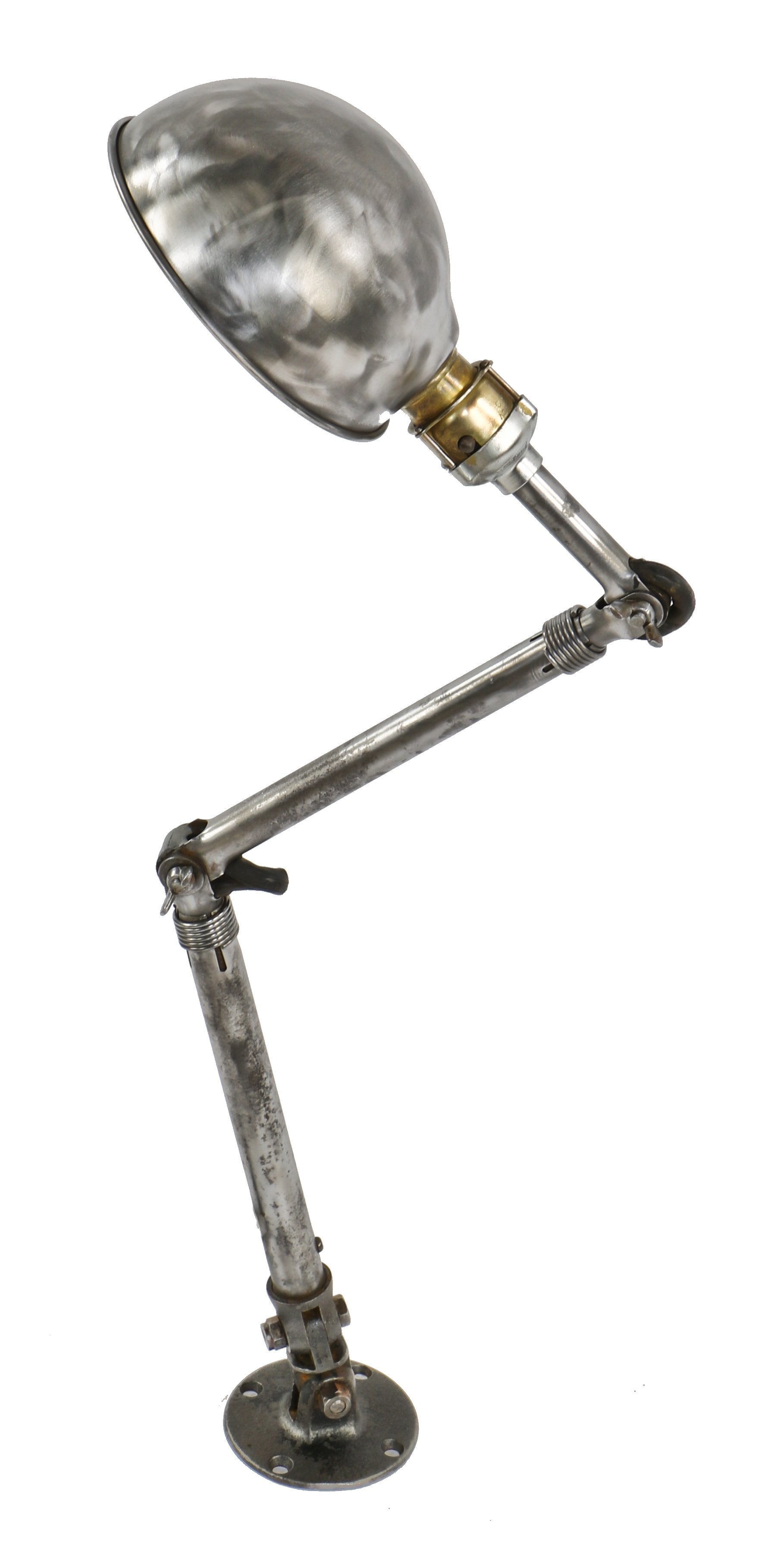 completely refinished all original late 1930's or early 1940's american industrial brushed tubular steel articulating factory machine shop task lamp with rolled rim shade