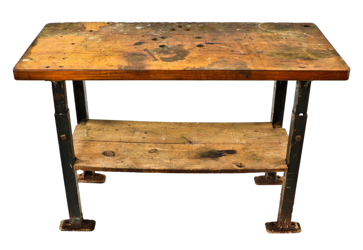 original intact nicely worn and weathered c. 1920's adjustable height factory machine shop workbench or table with cold-rolled "ot-steel" legs and undershelf