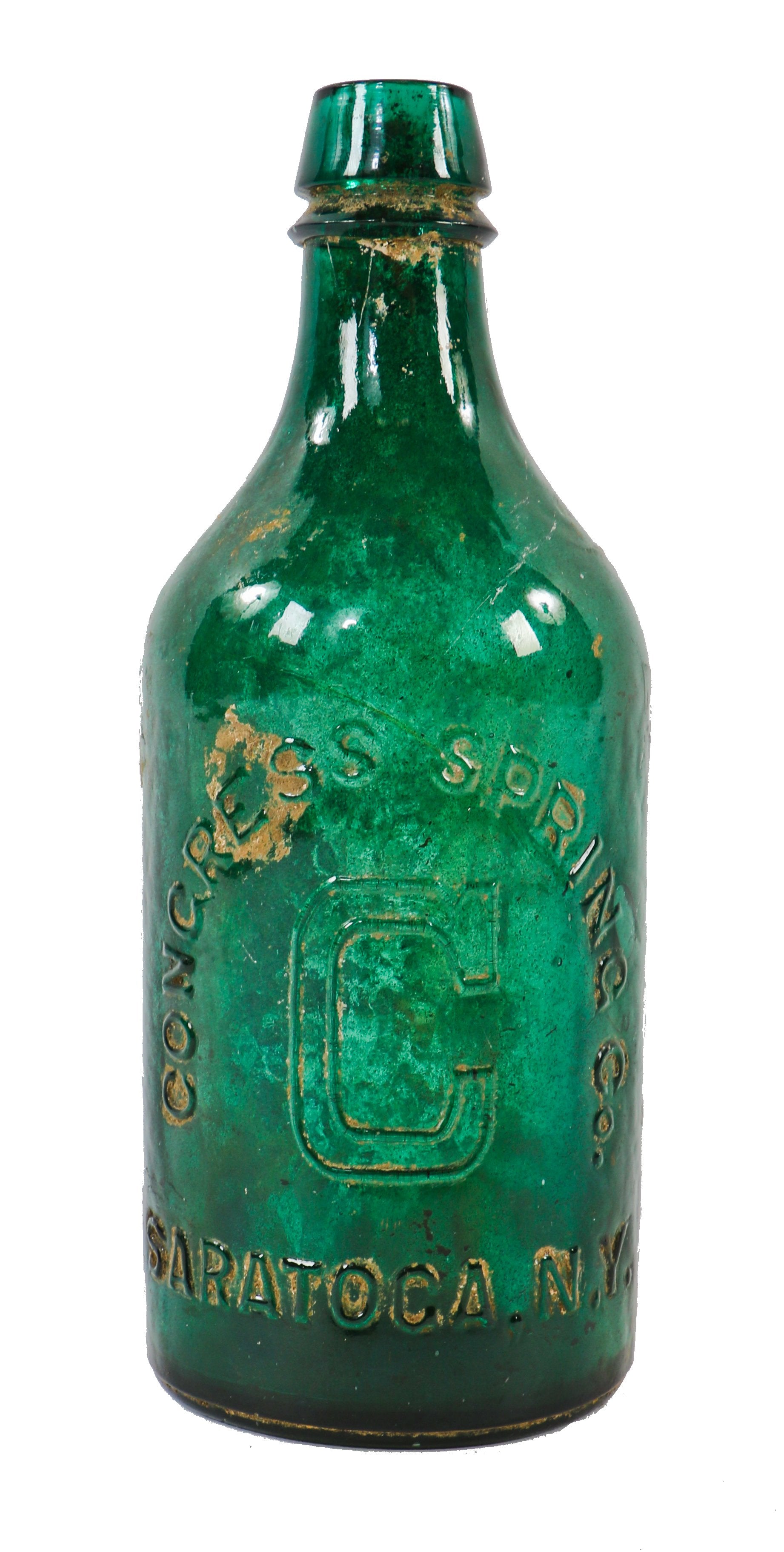 original and intact nineteenth century richly colored emerald green glass pint mineral water bottle manufactured for the congress spring company in new york