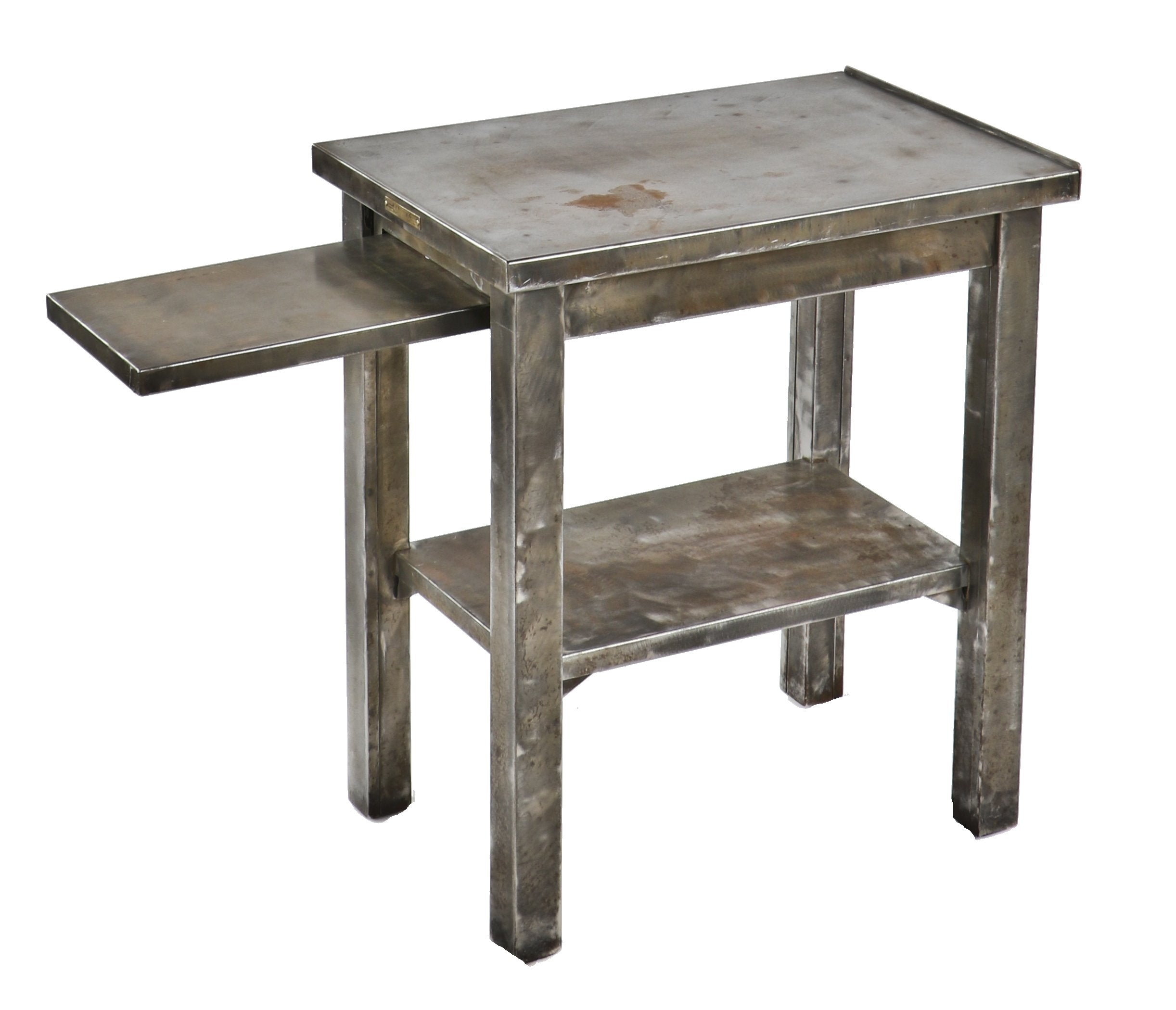 early 20th century refinished freestanding robust antique american industrial old-rolled steel factory office "kardex" side table or workstation with original retractable metal shelf