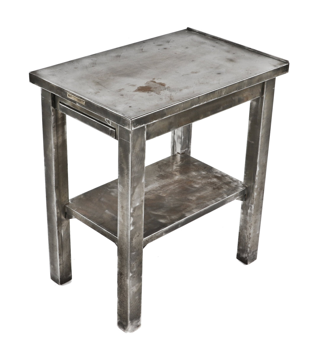 early 20th century refinished freestanding robust antique american industrial old-rolled steel factory office "kardex" side table or workstation with original retractable metal shelf