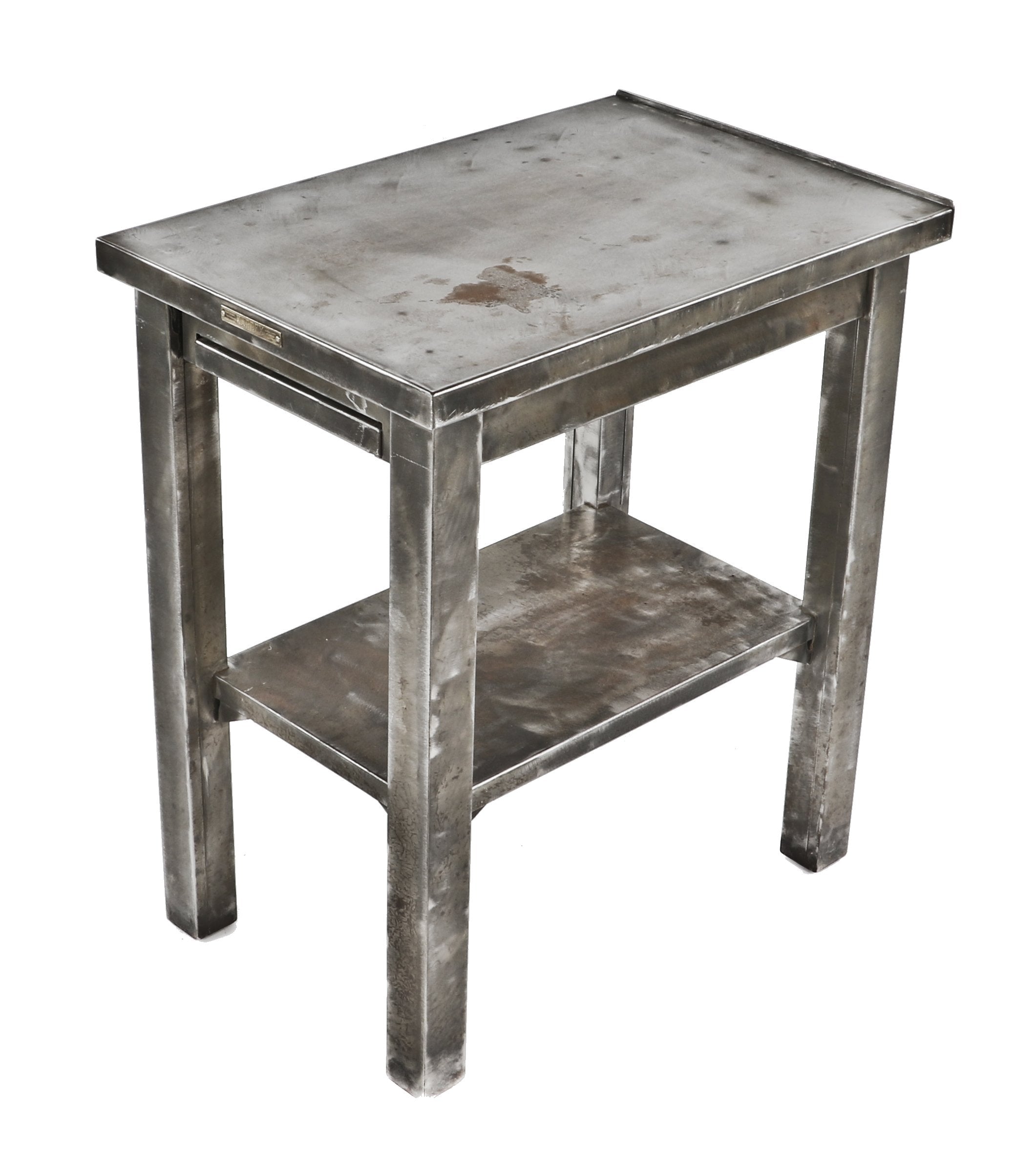 early 20th century refinished freestanding robust antique american industrial old-rolled steel factory office "kardex" side table or workstation with original retractable metal shelf