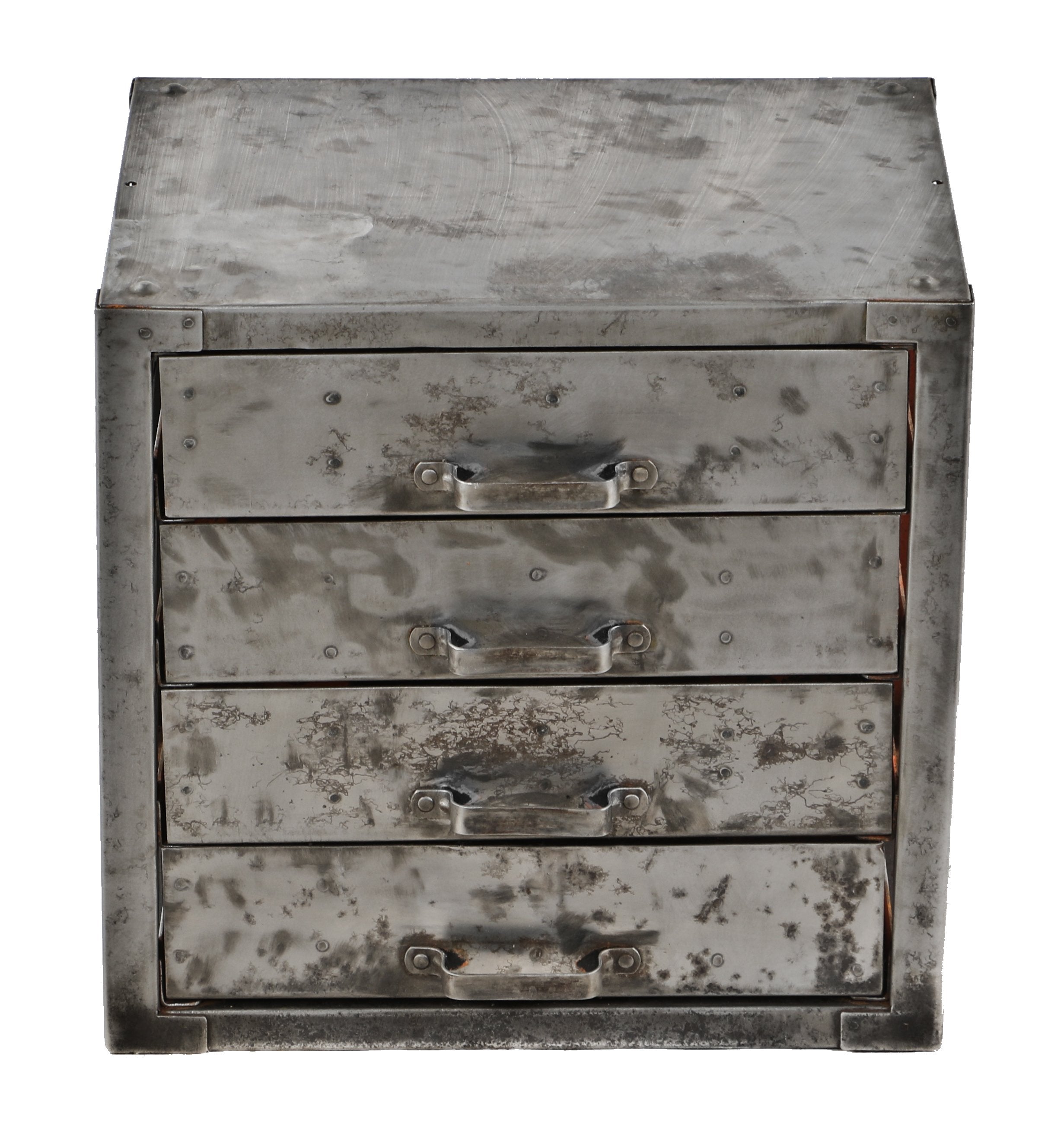 heavy duty refinished pressed and folded heavy gauge american industrial four-drawer steel machine shop storage cabinet with integrated handles or pulls