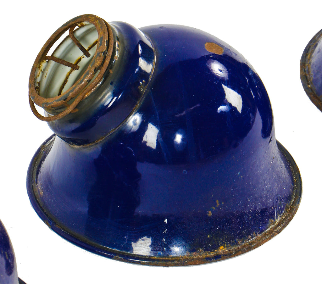 original hard to find early 20th century antique american industrial cold-rolled steel cobalt blue porcelain enameled "deep bowl" light reflectors with rolled rims