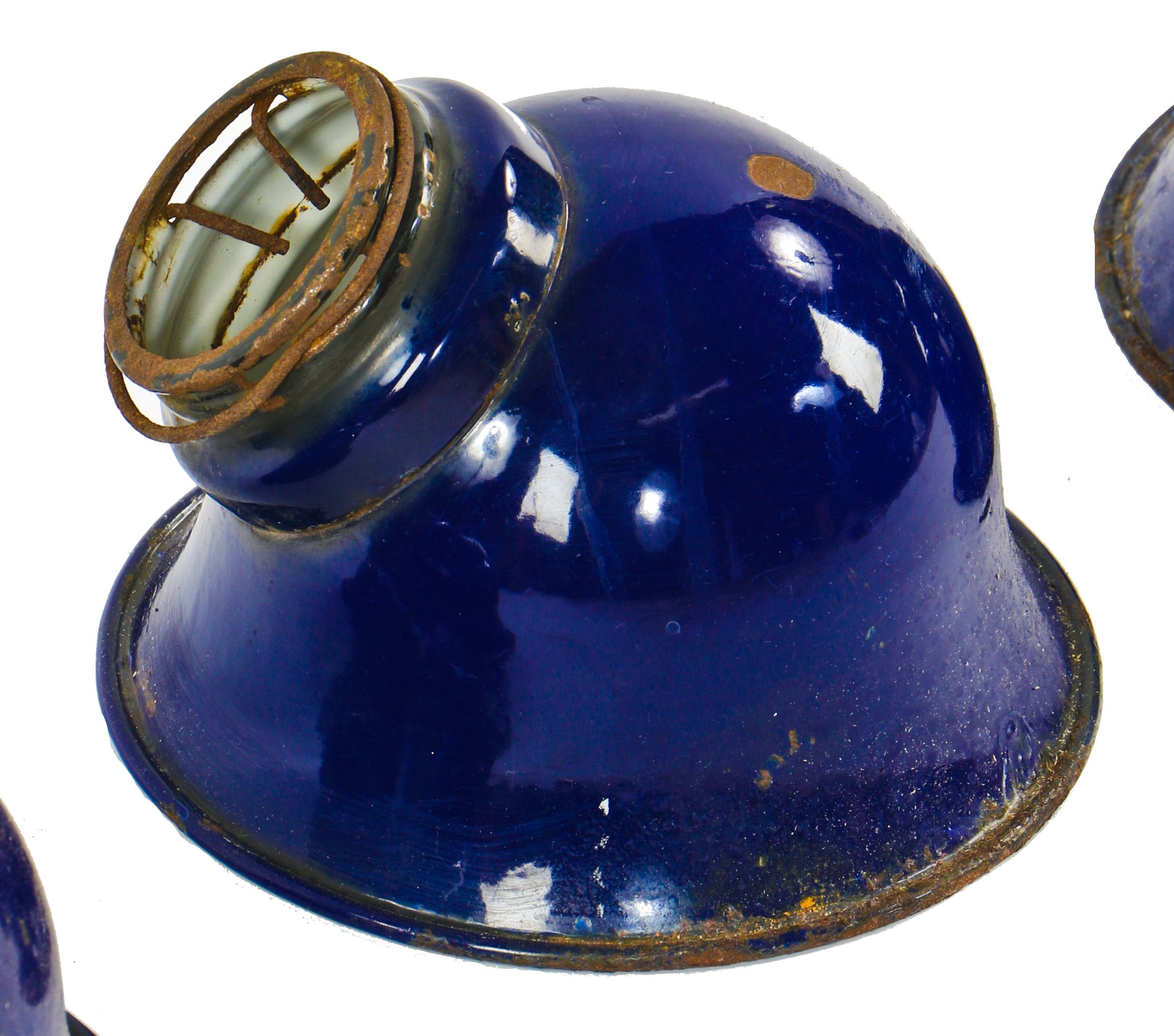 original hard to find early 20th century antique american industrial cold-rolled steel cobalt blue porcelain enameled "deep bowl" light reflectors with rolled rims