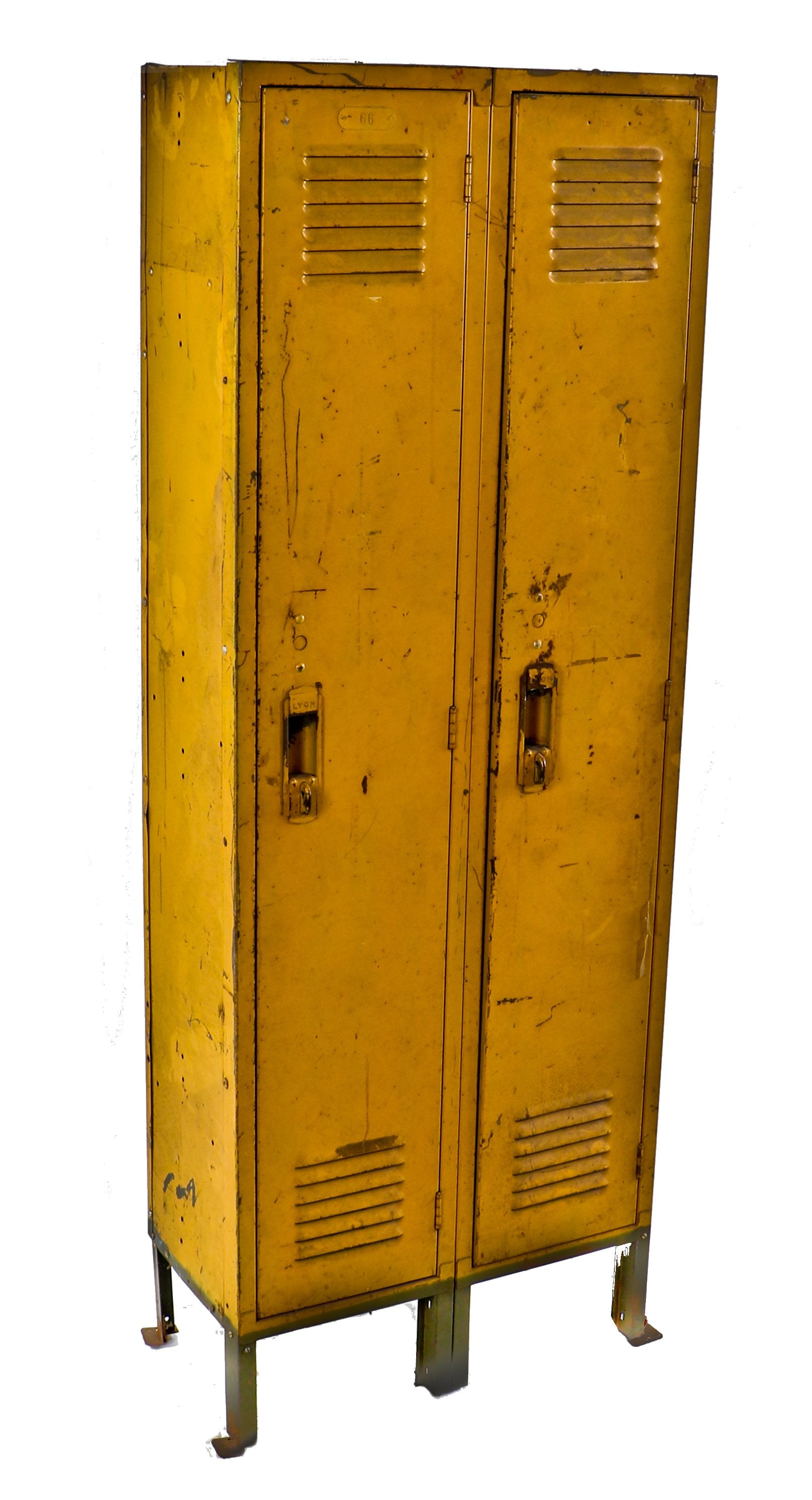 freestanding factory and/or shopworn yellow painted cold-rolled steel american industrial lunchroom locker with two equally-sized units containing hinged and louvered doors