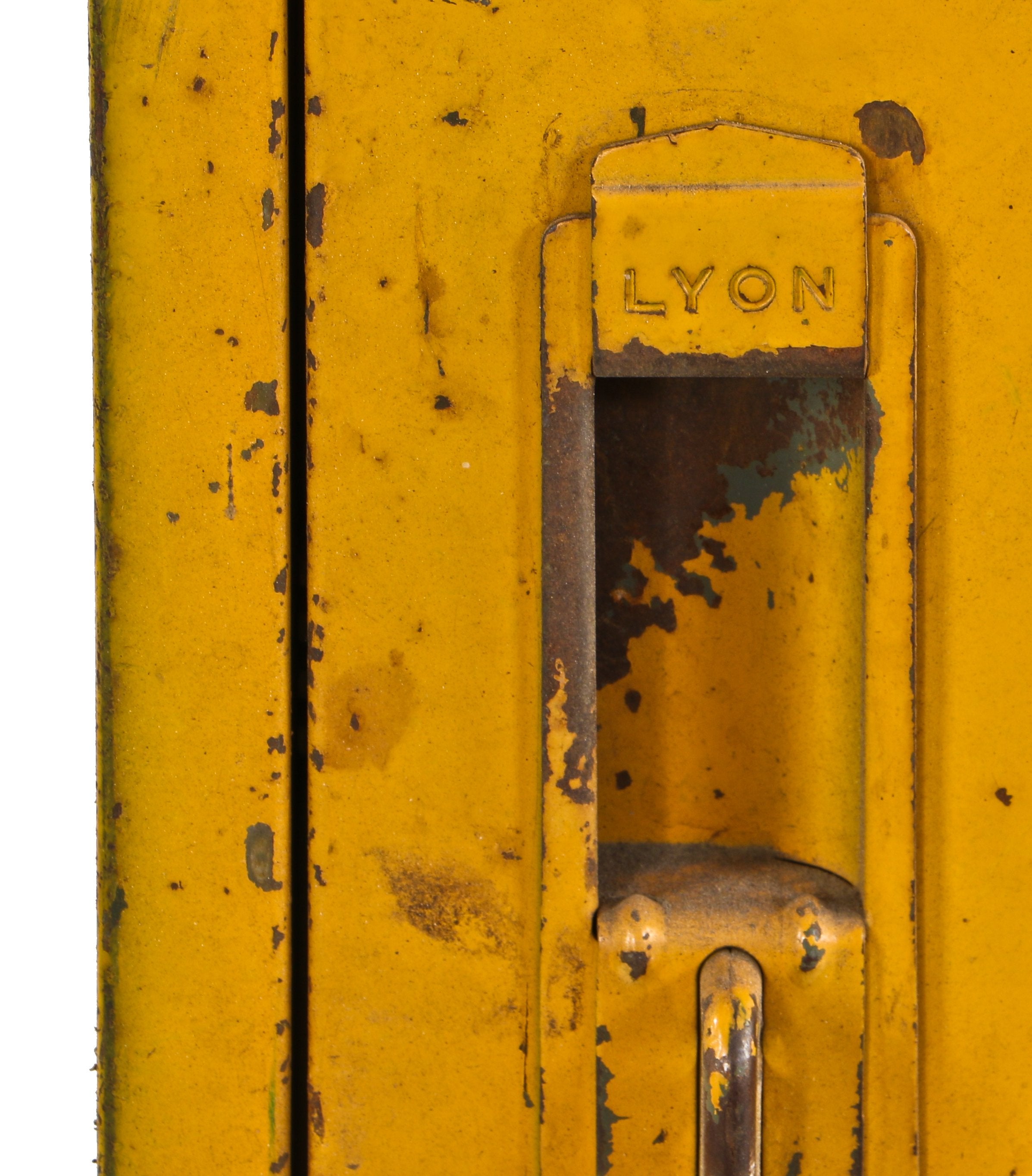 freestanding factory and/or shopworn yellow painted cold-rolled steel american industrial lunchroom locker with two equally-sized units containing hinged and louvered doors
