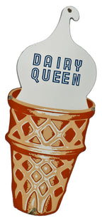 unique original and intact single-sided diminutive die cut steel vitreous or porcelain enameled dairy queen exterior ice cream cone sign with grommets