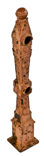 single 19th century all original and intact "chicago style" exterior ornamental cast iron newel post with openings for tubular wrought iron railings