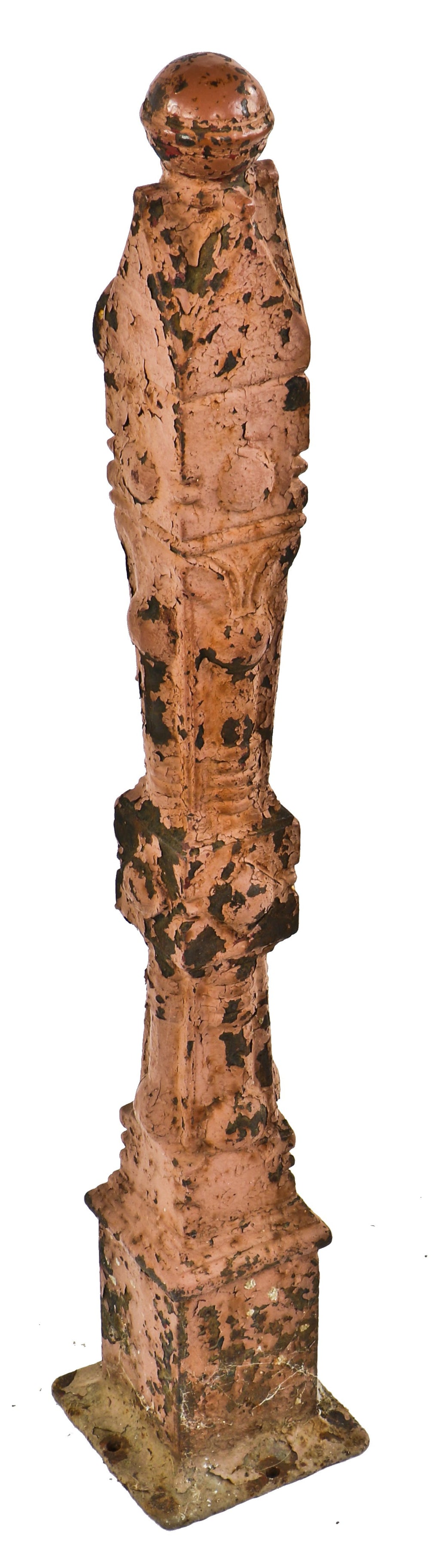 all original 19th century antique american heavily ornamented "chicago style" cast iron freestanding newel post with old paint finish and ball finial