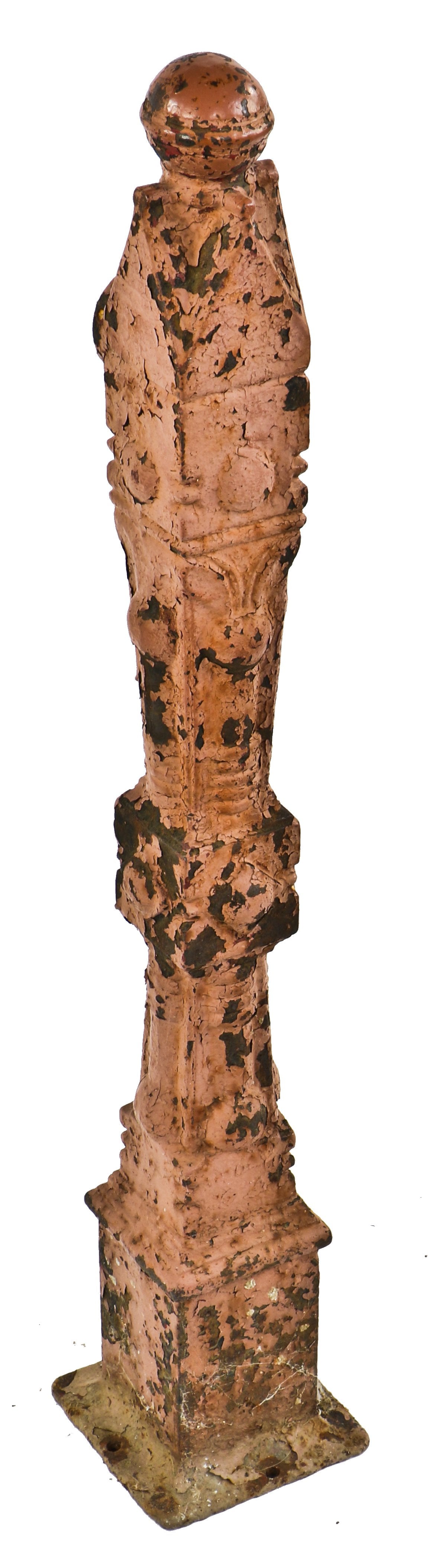 all original 19th century antique american heavily ornamented "chicago style" cast iron freestanding newel post with old paint finish and ball finial