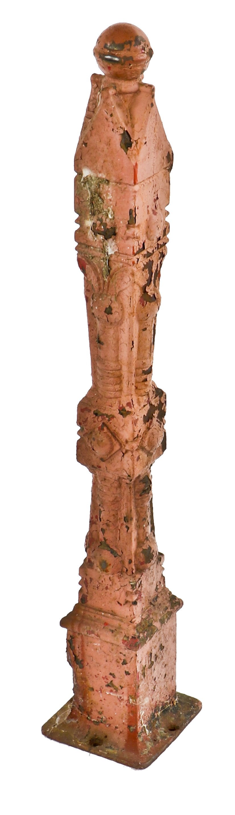 nicely worn and weathered all original ornamental cast iron antique american 19th century "chicago style" freestanding exterior newel post with square-shaped base plate