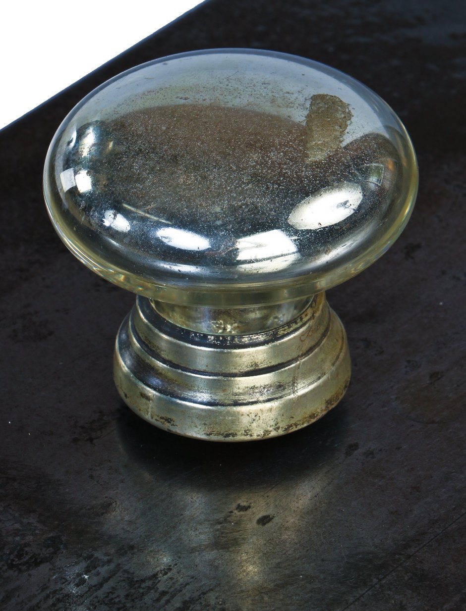 original antique american civil war-era interior residential "mercury" or silver nitrate-coated glass passage door handle with a nickel-plated tapered shank