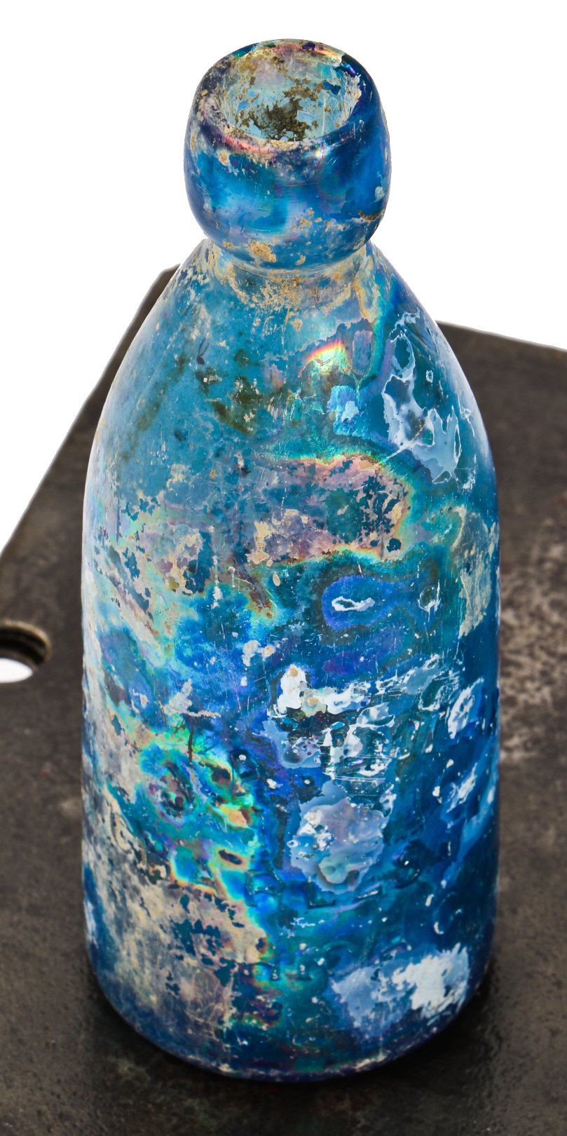 c. 1870's heavily irridized cobalt blue glass charles street pony blobtop soda bottle manufactured for chicago bottling giant john lomax