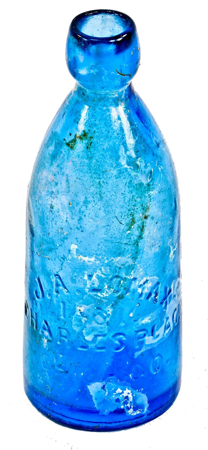 original and intact antique american c. early 1870's cobalt blue glass pony blobtop soda bottle fabricated for john lomax in chicago.