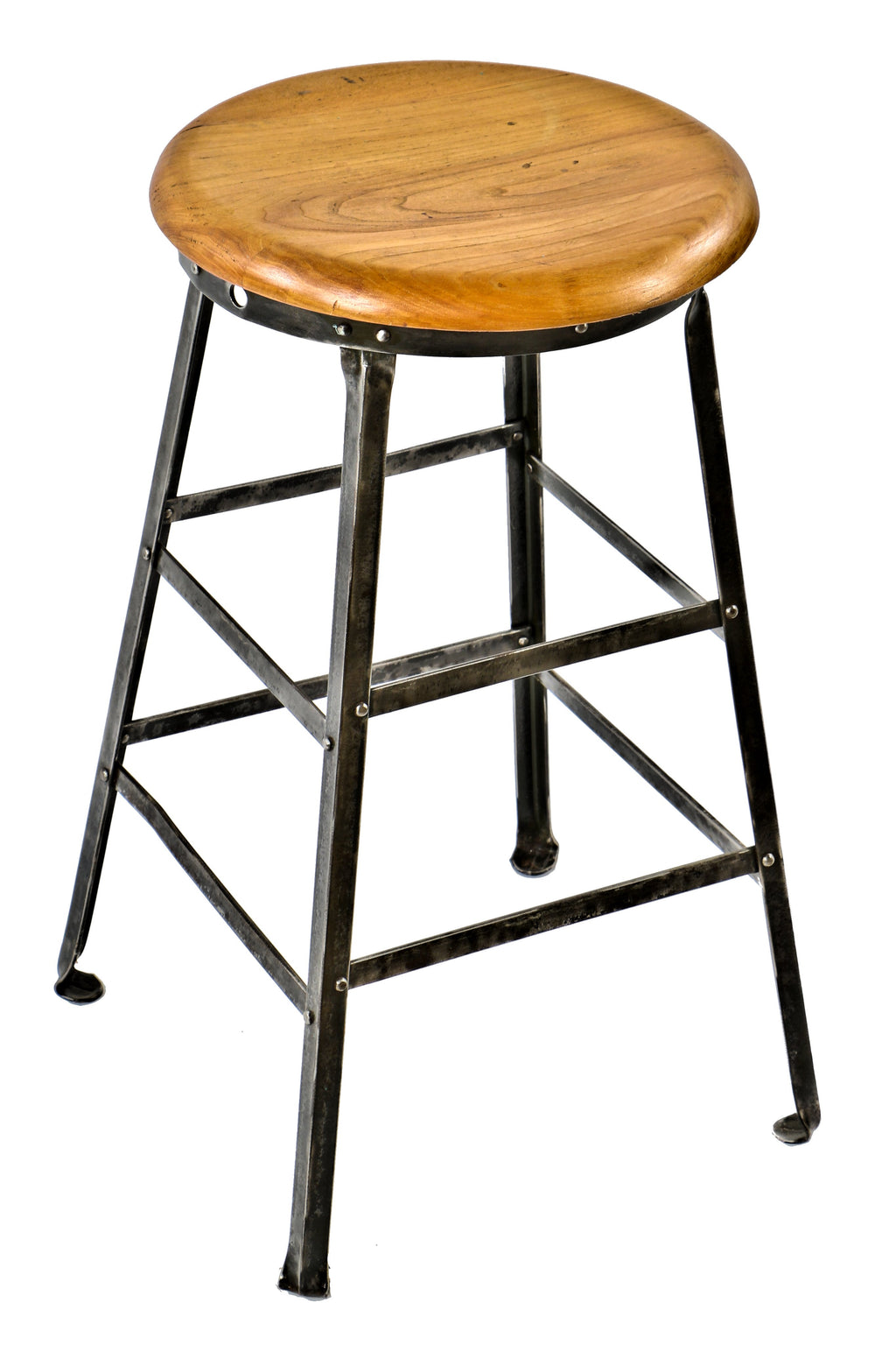completely refinished antique american industrial four-legged stationary angled steel riveted joint factory machinist stool with intact solid oak wood seat