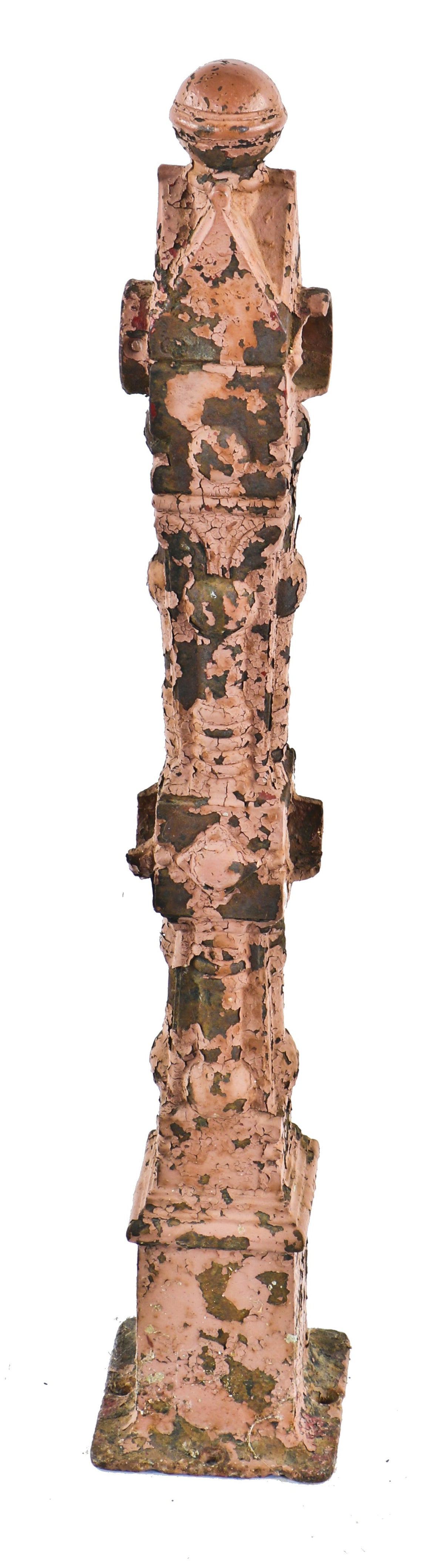 all original and intact 19th century ornamental painted cast iron freestanding victorian era newel post salvaged from a chicago residence undergoing demolition