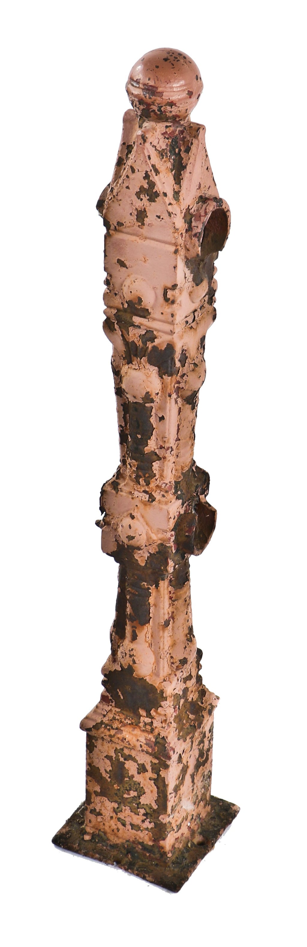 19th century antique american original and intact ornamental cast iron freestanding exterior residential newel post with ball finial top and square-shaped base plate
