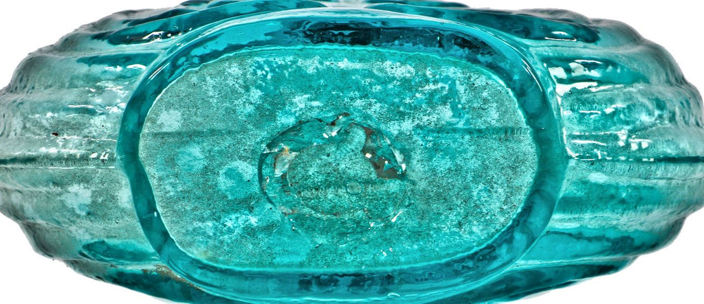 intact and hard to find antique american early nineteenth century midwest privy dug open-pontiled c. 1840's blue aqua scroll flask