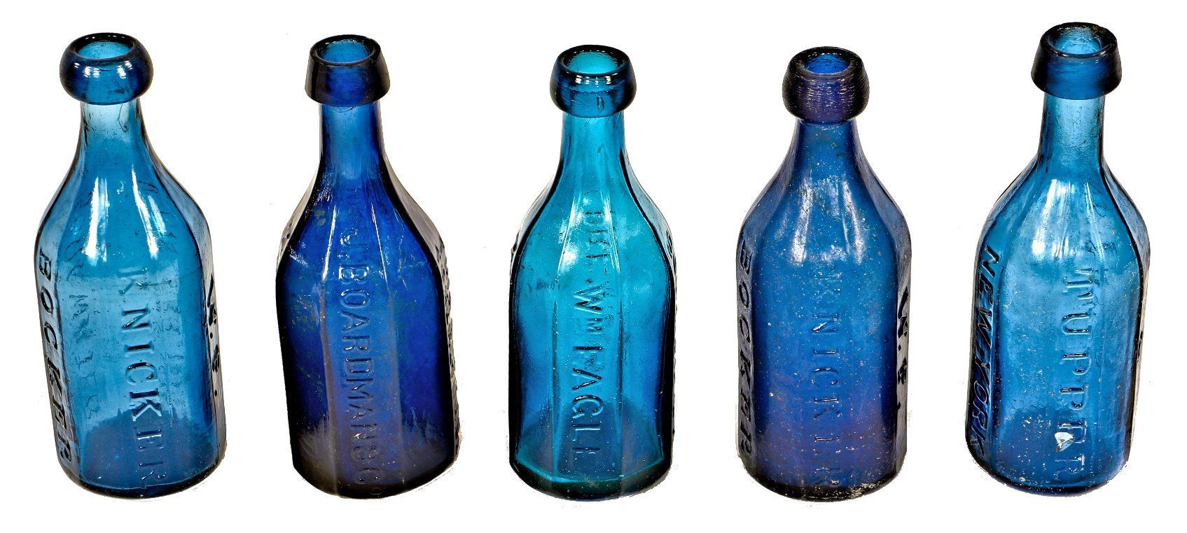 privy dug mid-nineteenth century richly colored deep sapphire blue glass 8-sided mineral water bottle manufactured for j. boardman & company in new york
