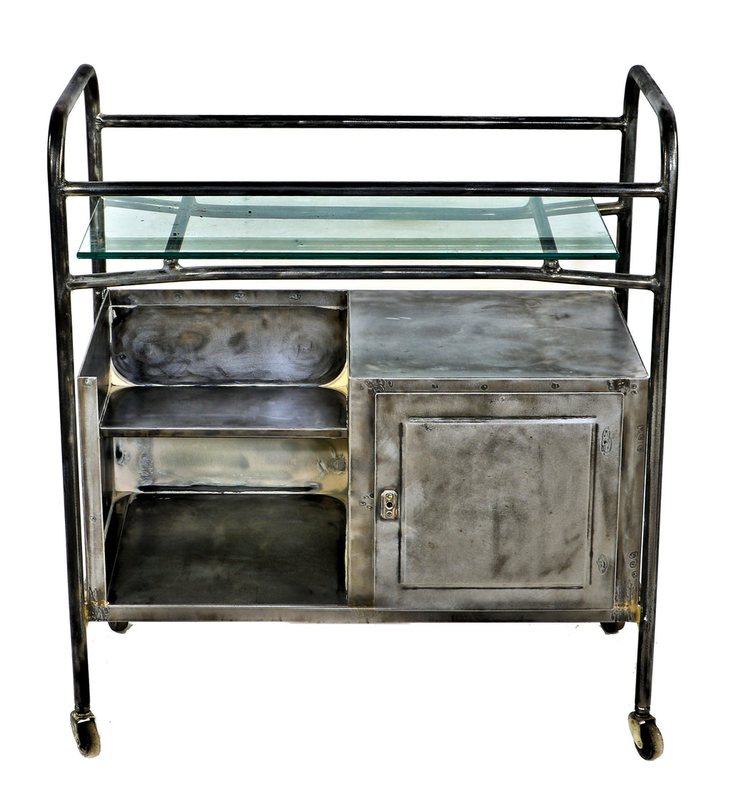 original early 1920's antique american medical compartmentalized hospital operating room mobile work station with thick plate glass shelf and lockable cabinet