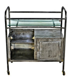 original early 1920's antique american medical compartmentalized hospital operating room mobile work station with thick plate glass shelf and lockable cabinet