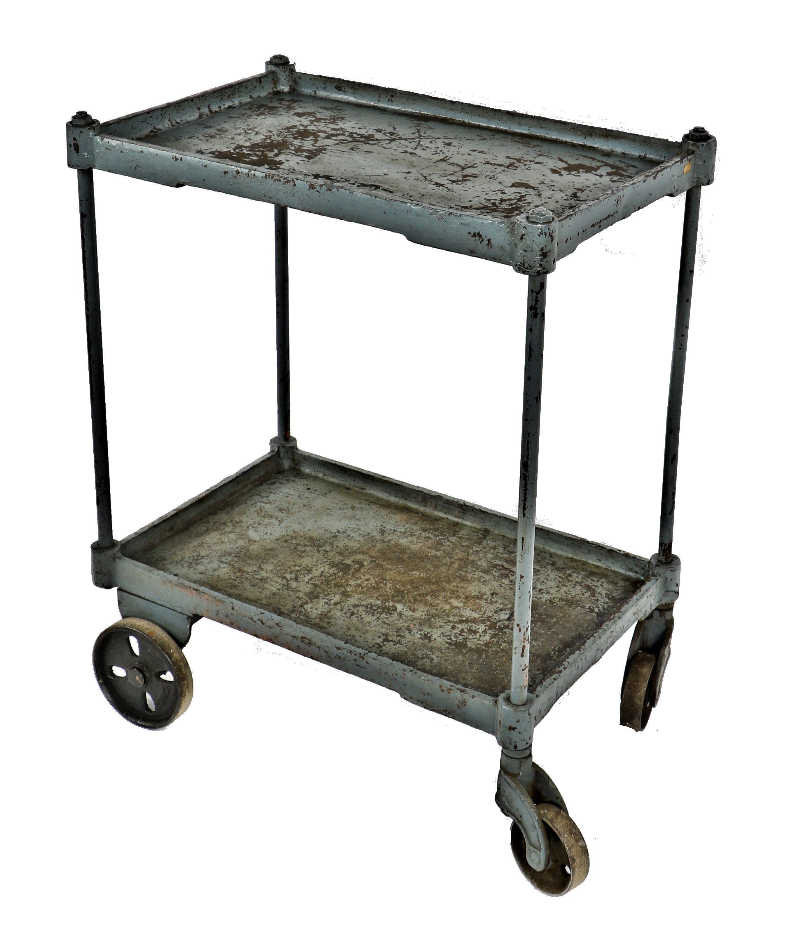 heavily reinforced early 20th century american industrial cast iron and steel mobile two-tier factory cart with original and fully functional stationary and swivel casters