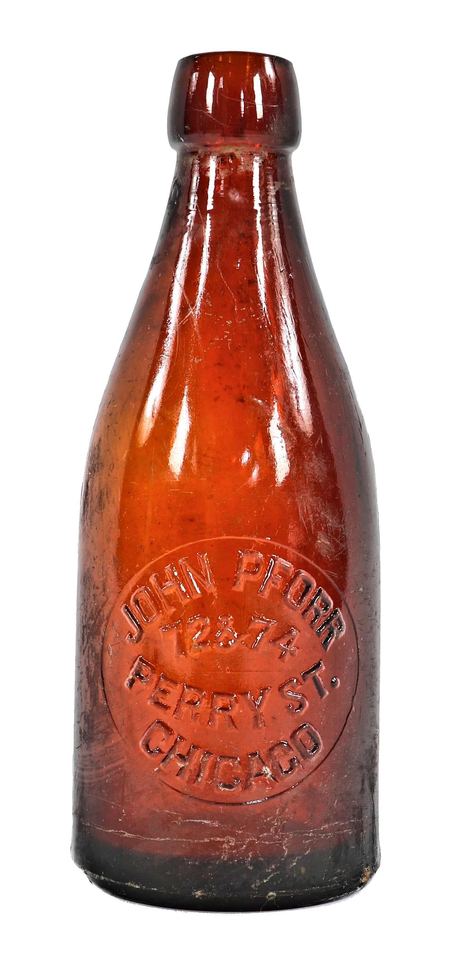 original antique american turn of the century dark amber weiss beer bottle fabricated for chicago bottler john pforr.