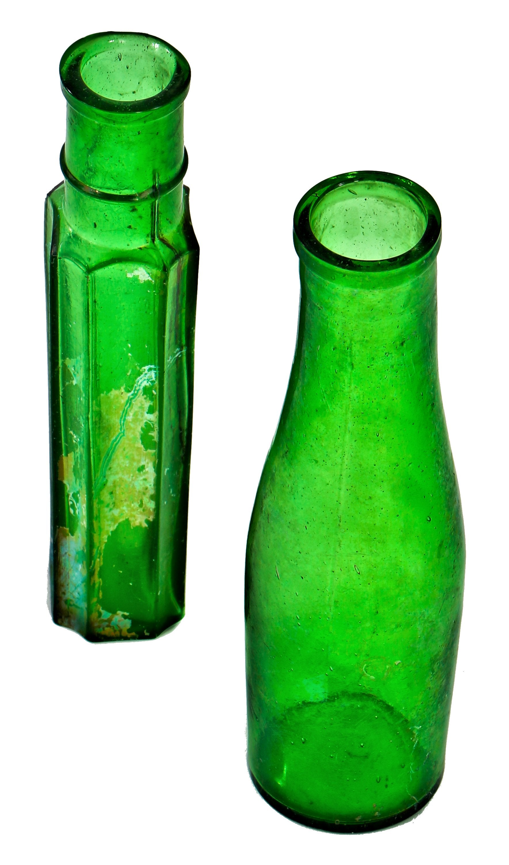 pair of hard to find antique nineteenth century cylindrical vibrant electric green food jars dug from a large chicago area landfill.