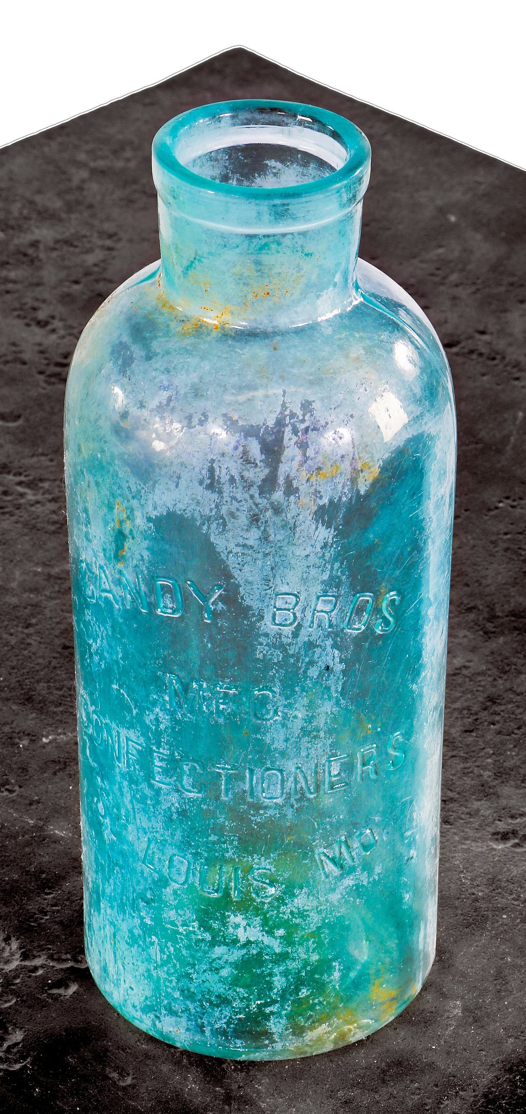original and intact antique 1870's-1890's vibrant blue green confectioner's glass fruit jar dug from a chicago-area privy pit.