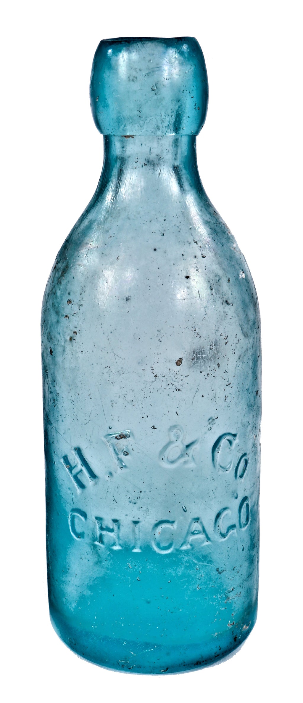 original and intact privy dug mid-nineteenth century deep blue aqua blobtop soda bottle manufactured for chicago bottler henry filer.