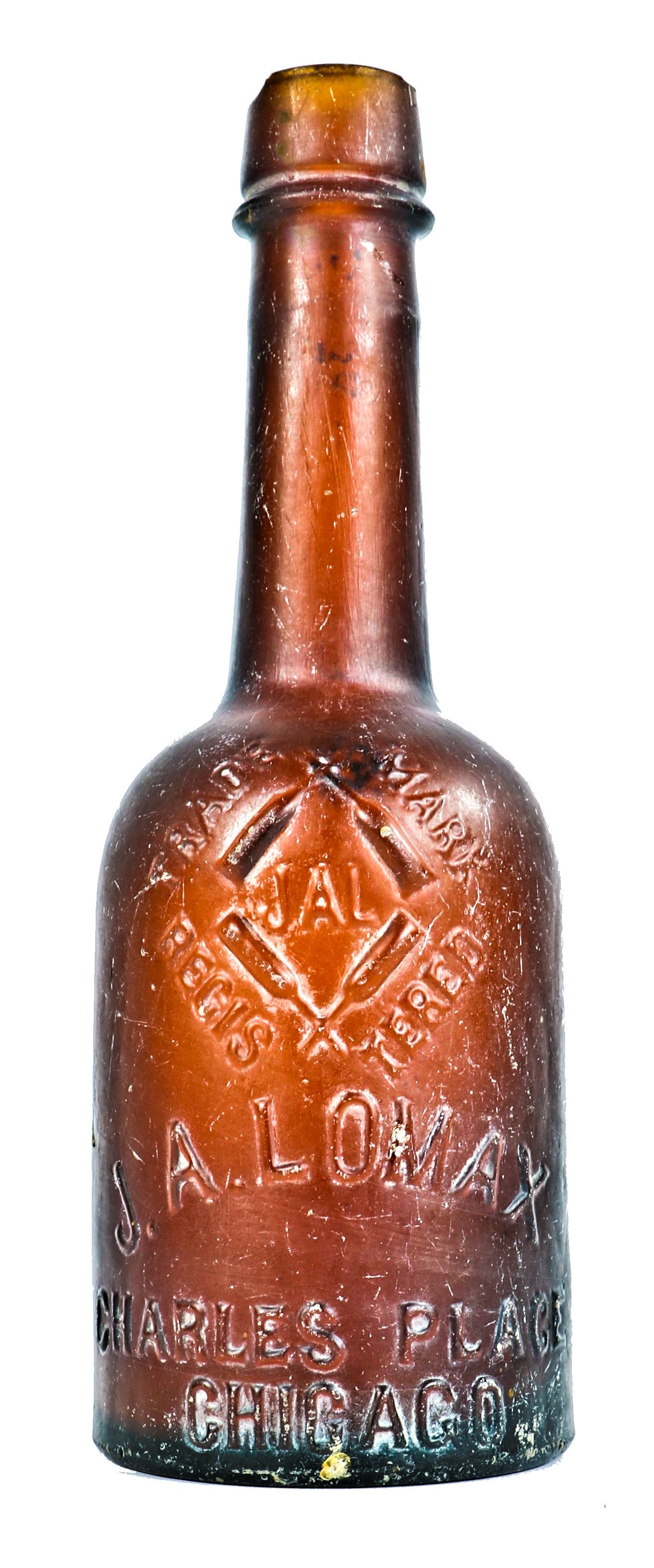 hard to find antique privy-dug c. 1870-1872 dark amber glass long neck porter pint bottle manufactured for chicago bottling giant john lomax.