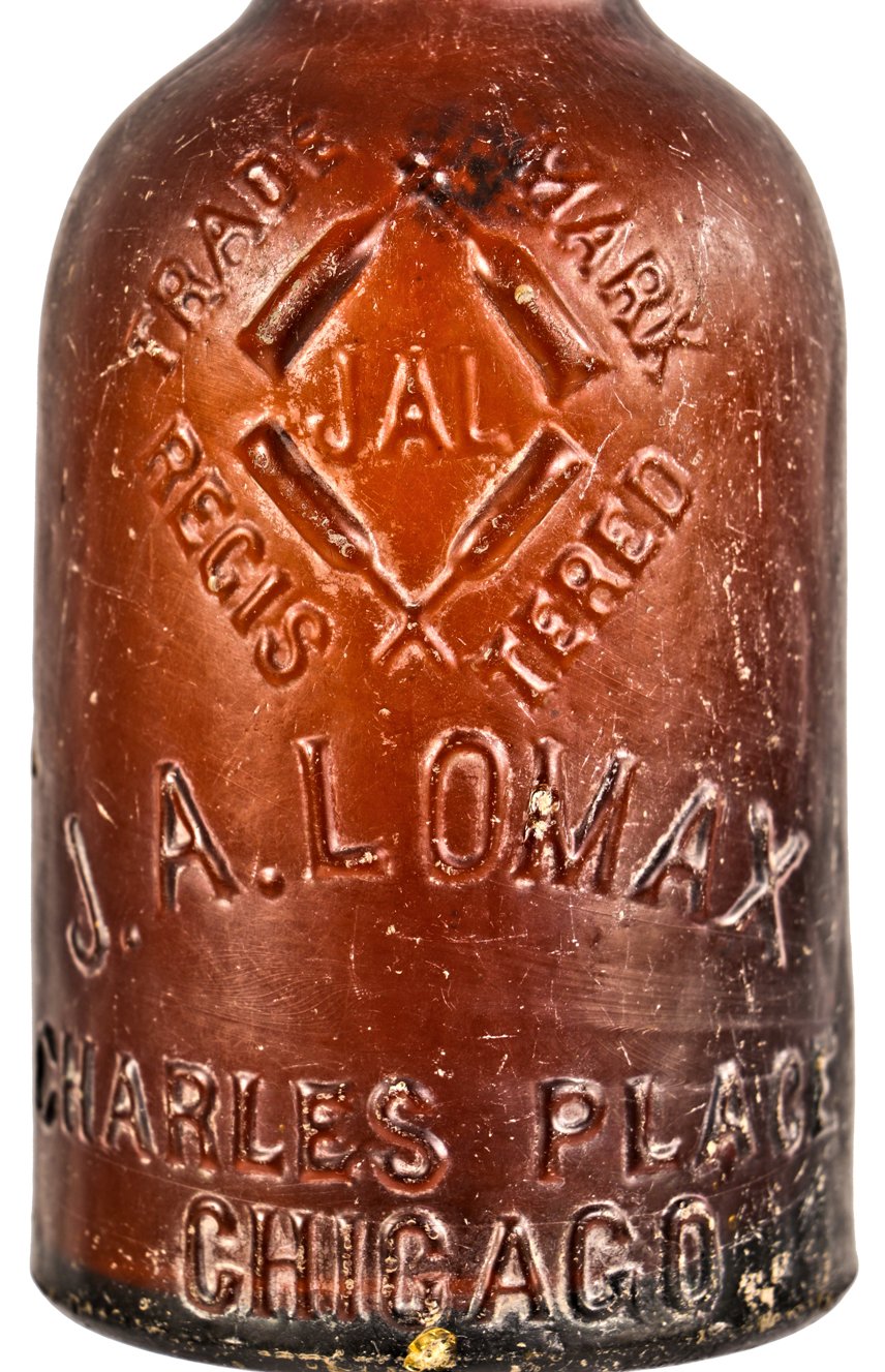 hard to find antique privy-dug c. 1870-1872 dark amber glass long neck porter pint bottle manufactured for chicago bottling giant john lomax.