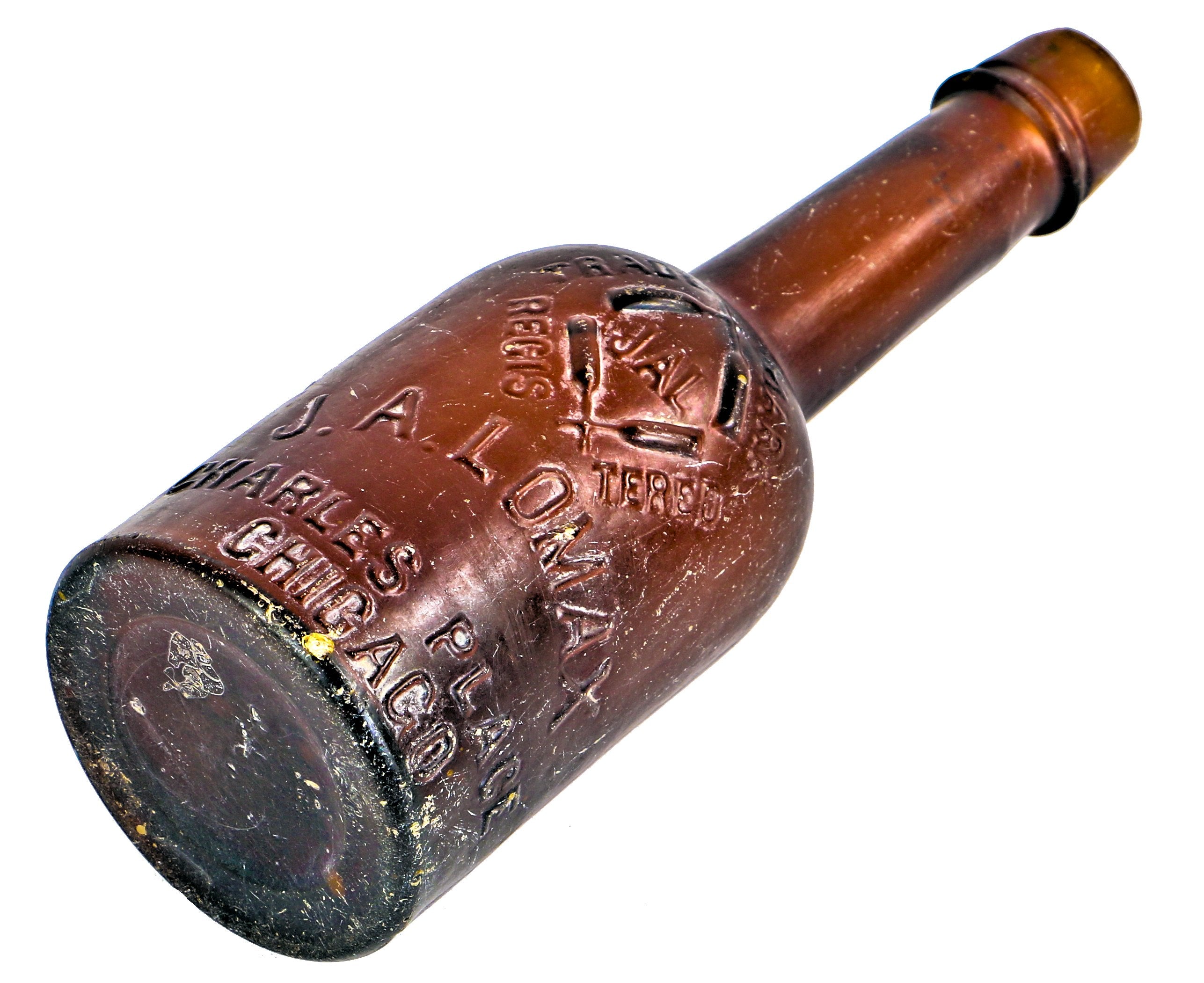 hard to find antique privy-dug c. 1870-1872 dark amber glass long neck porter pint bottle manufactured for chicago bottling giant john lomax.