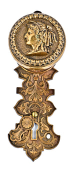original and intact victorian era antique american cast bronze figural portrait doorknob and matching escutcheon with swinging keyhole cover fabricated by the metallic compression casting company