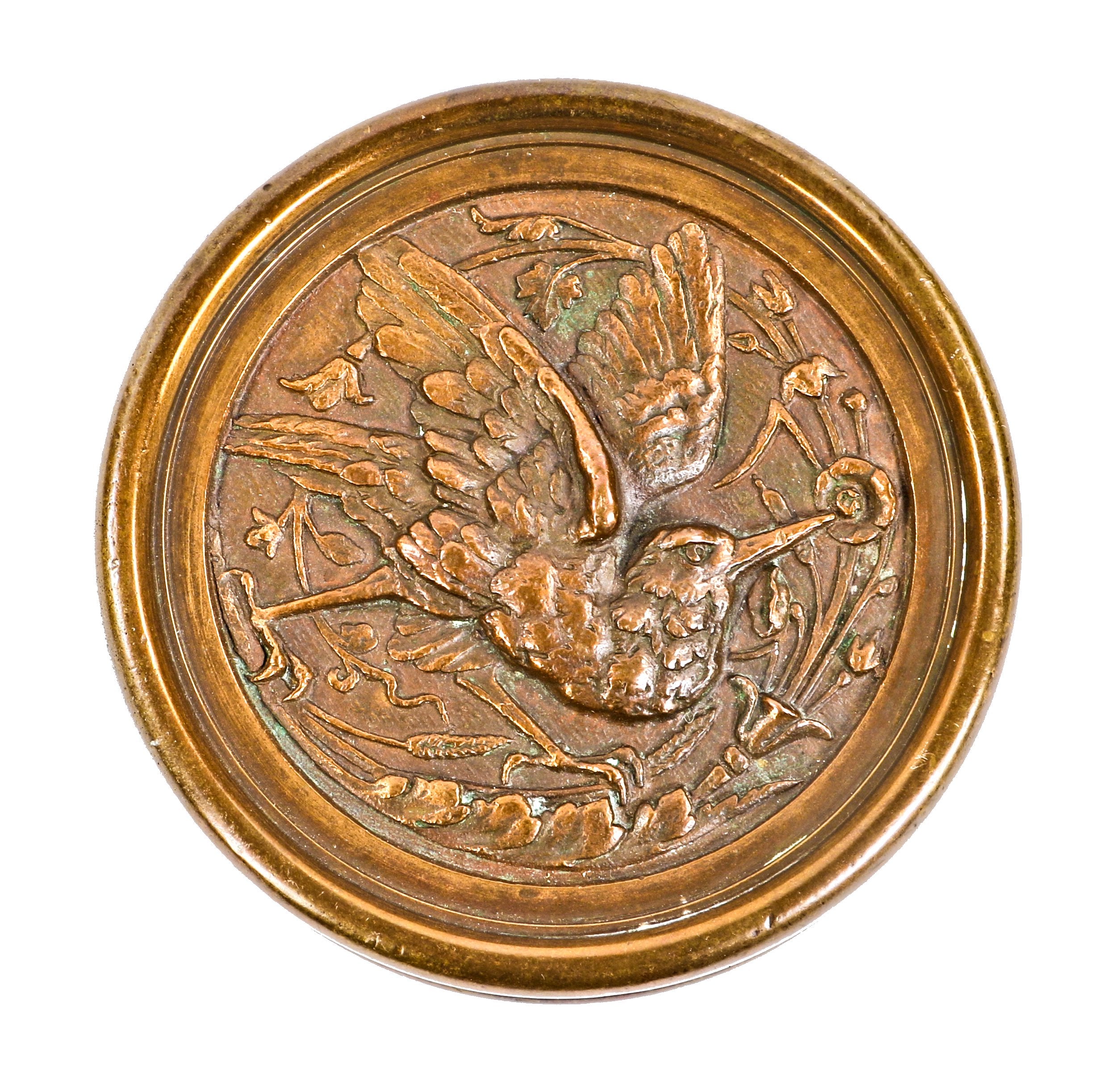 exceptional original c. 1880's antique american ornamental cast bronze "hummingbird" drum-shaped figural residential doorknob with finely cast detail and nicely aged surface patina