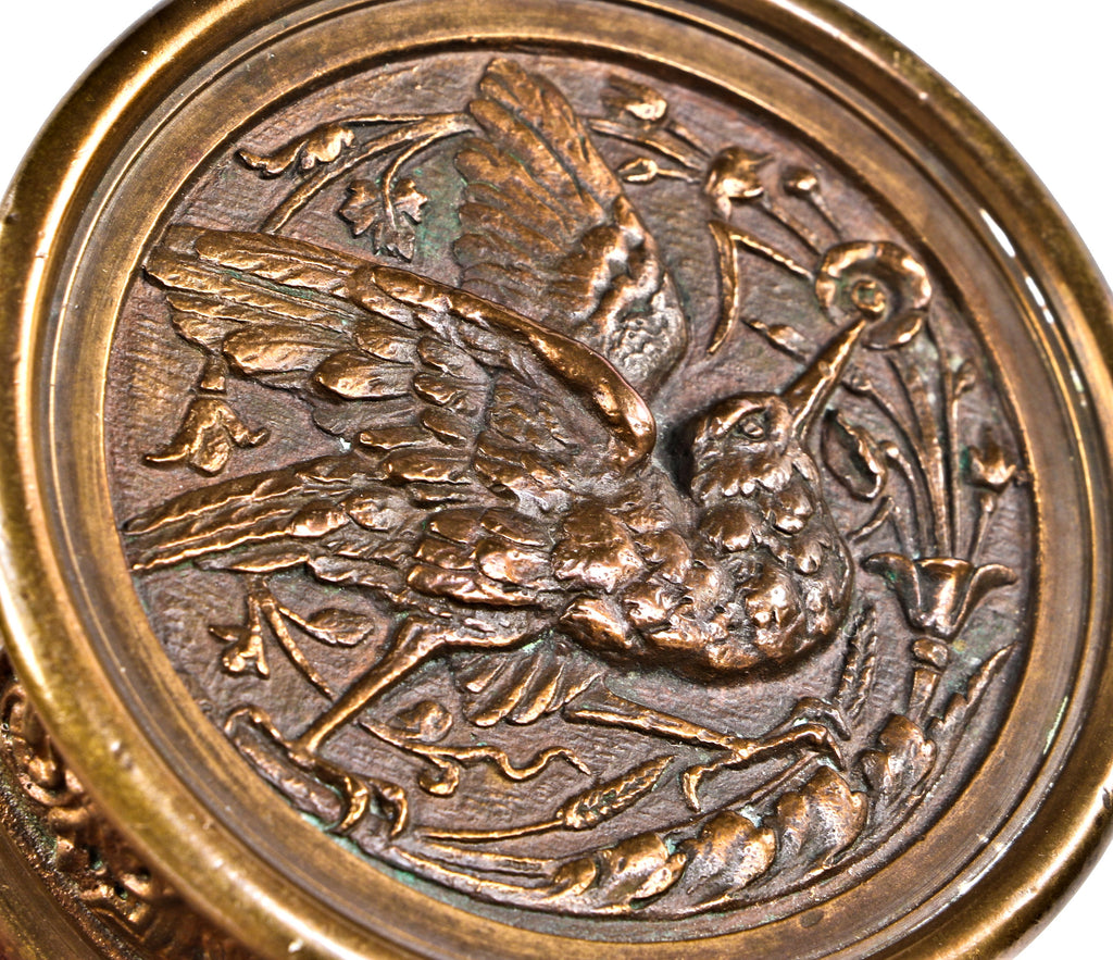 exceptional original c. 1880's antique american ornamental cast bronze "hummingbird" drum-shaped figural residential doorknob with finely cast detail and nicely aged surface patina