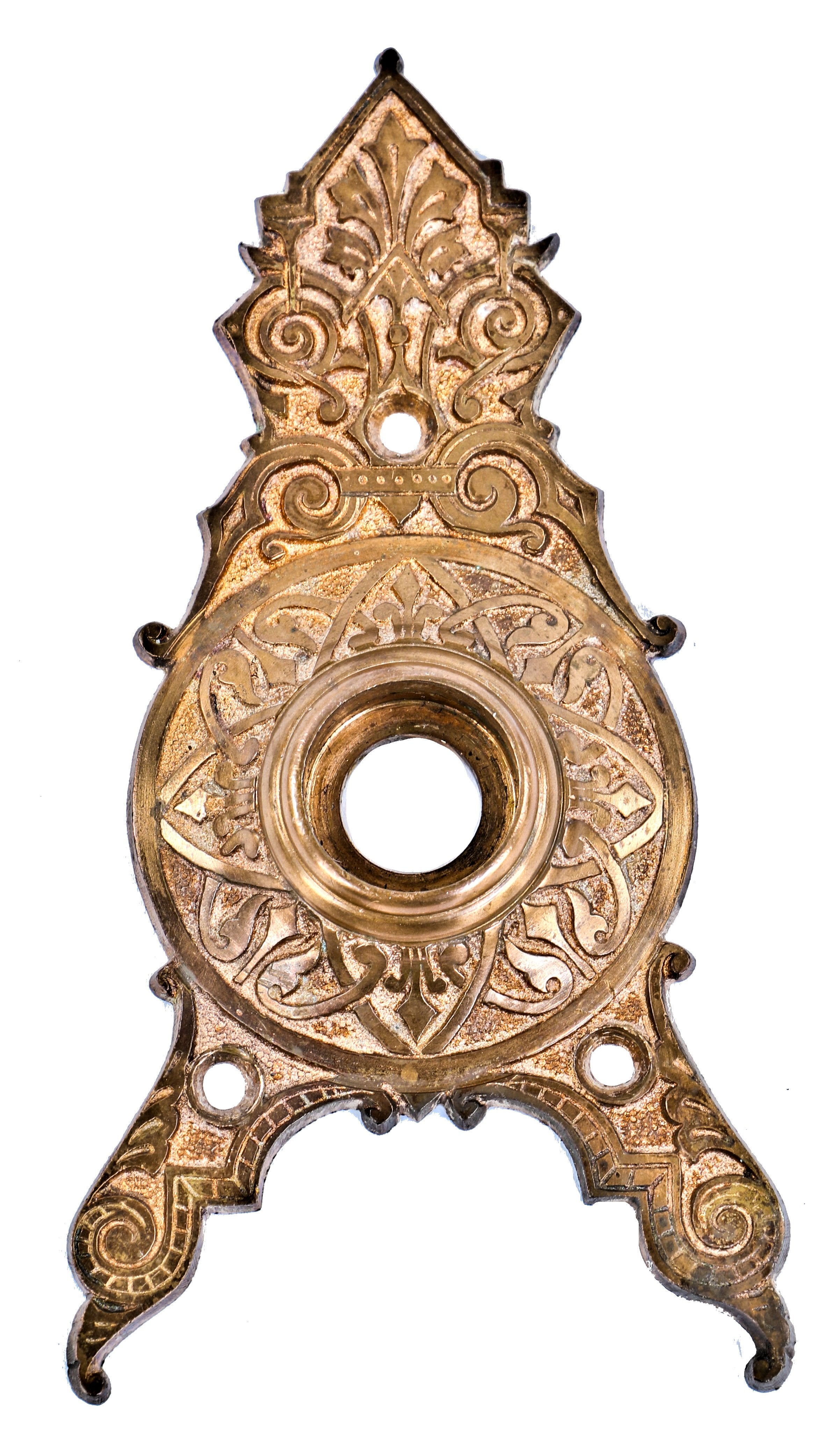 original 19th century antique american victorian era oversized ornamental cast bronze triangular-shaped interior residential doorknob escutcheon