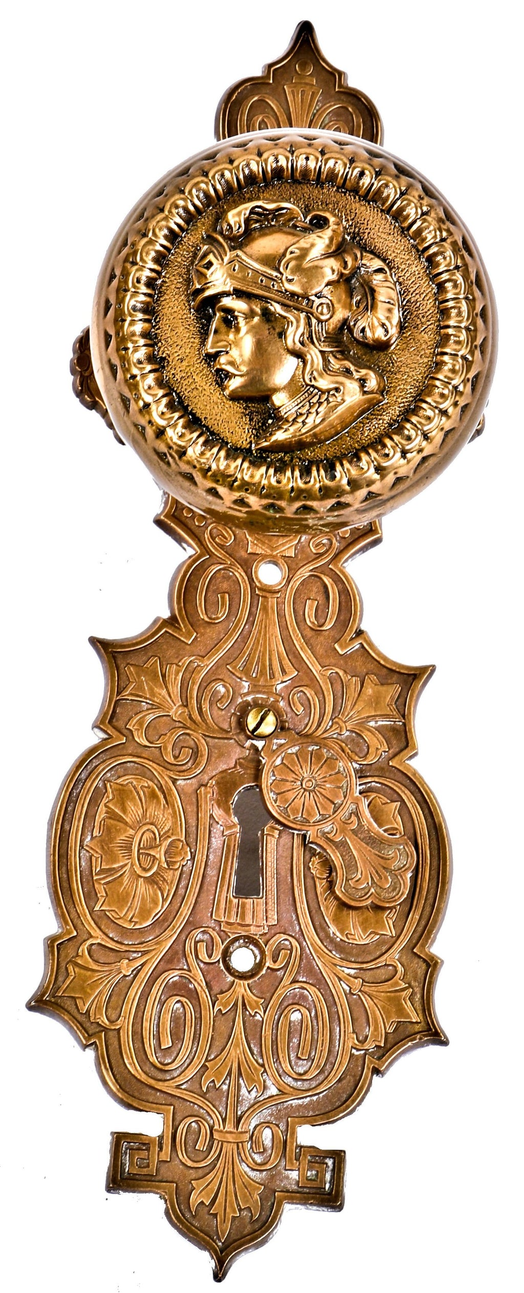 original finely detailed 19th century american victorian era "plumed helmet" figural knight doorknob with matching oversized escutcheon containing swinging keyhole cover